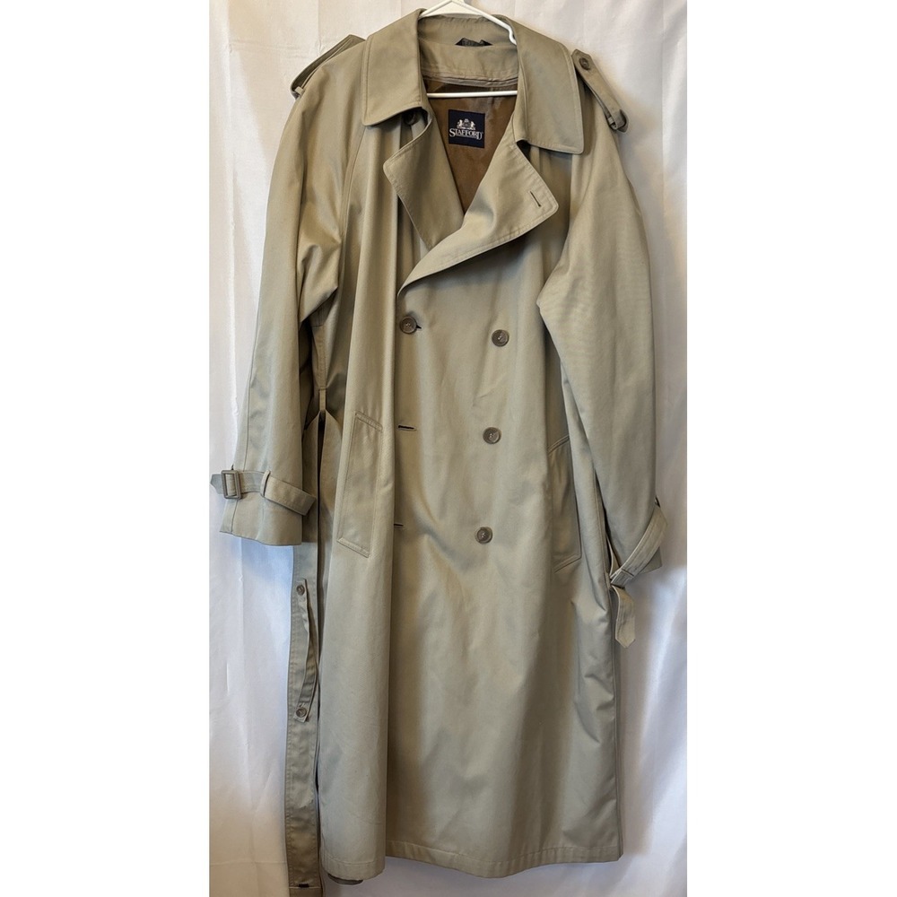 Stafford Trench Coat Dlb Breasted Overcoat Zip Liner Mens 46L Khaki Poly‎ Cotton